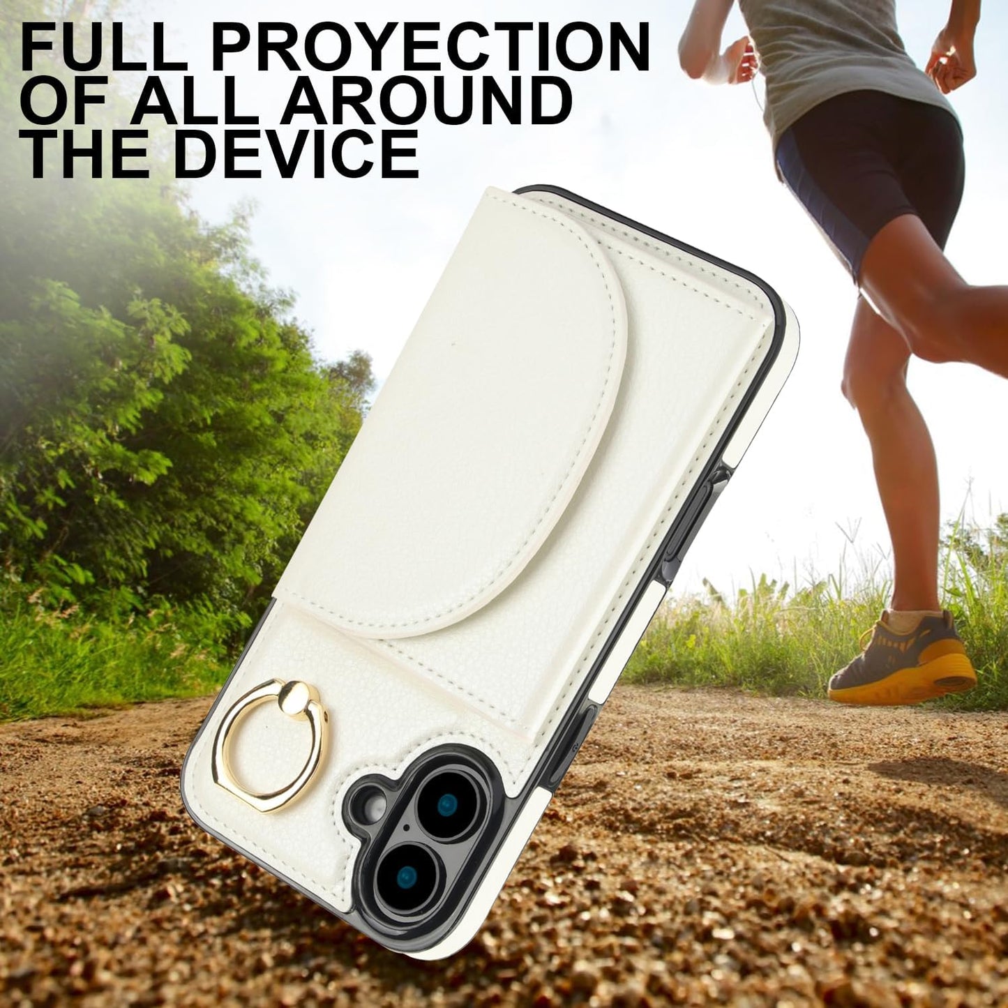Tri-fold wallet case for iPhone 16 Plus, 360° rotating ring buckle stand, shockproof phone case coin purse card holder Black
