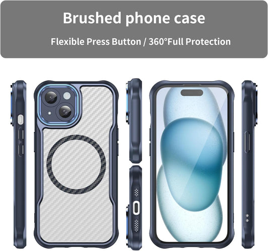 Magnetic carbon fibre case for iPhone 15, support wireless charging, carbon fibre shockproof slim case Blue
