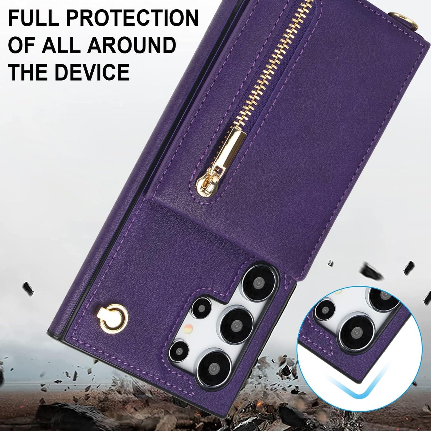 iTape Samsung Galaxy S24 Ultra Case Wallet, Zipper Coin Pouch, Credit Card Slot Holder, Wrist Strap, Samsung Galaxy S24 Ultra Case Adjustable Crossbody Lanyard [RFID Blocked]
