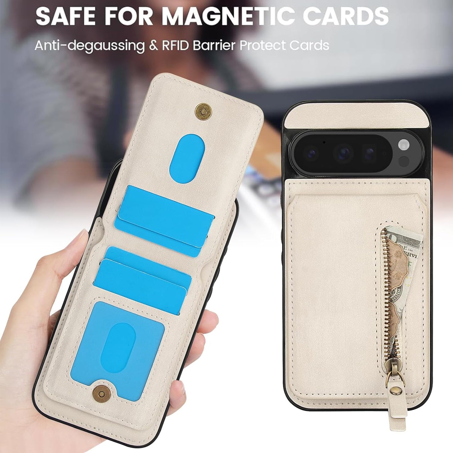 iTape Magnetic card holder phone case suitable for Google Pixel 9 Pro, zipper magnetic split magnetic wallet with adjustable bracket