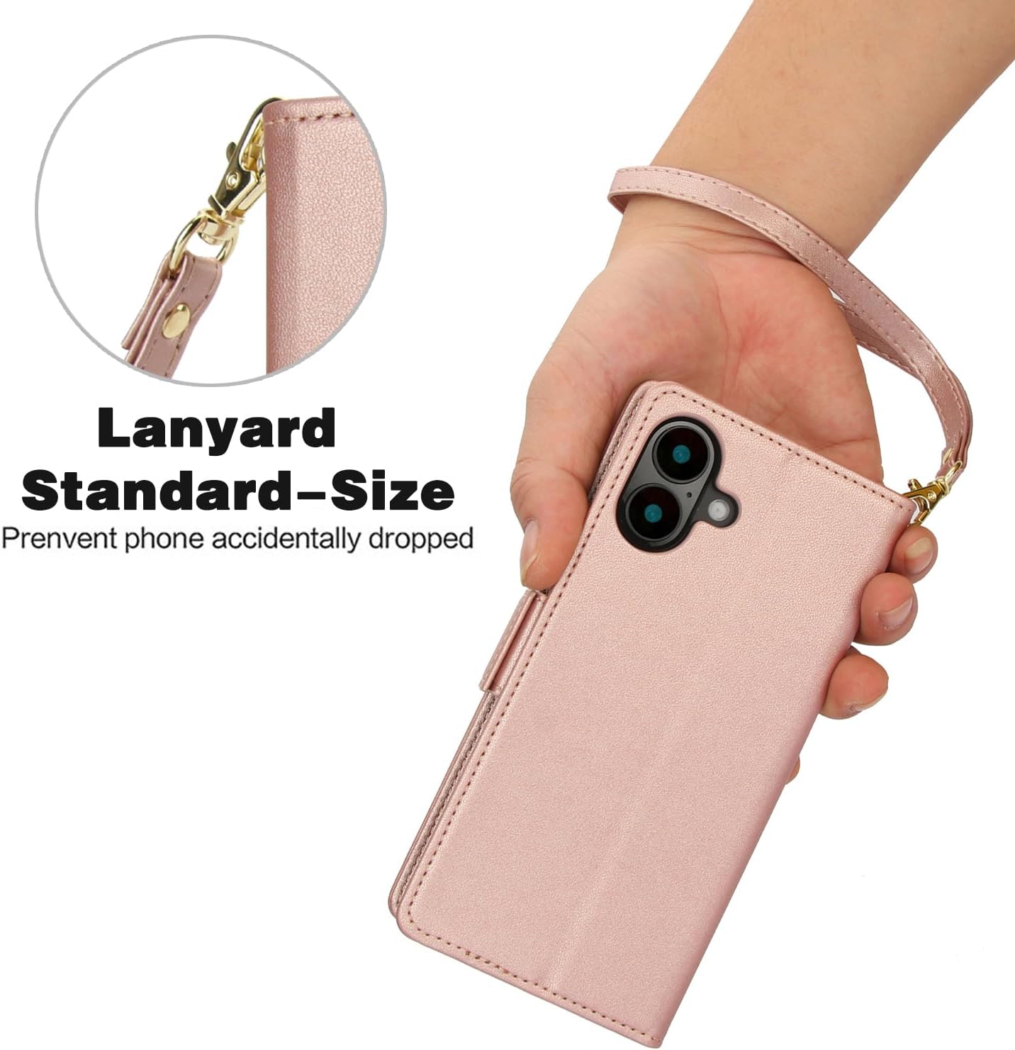 Printed Wallet Phone Case for iPhone 16 Plus, RFID (Anti-Theft), Wallet Flip Stand with Wrist Strap for iPhone 16 Plus Rose Gold