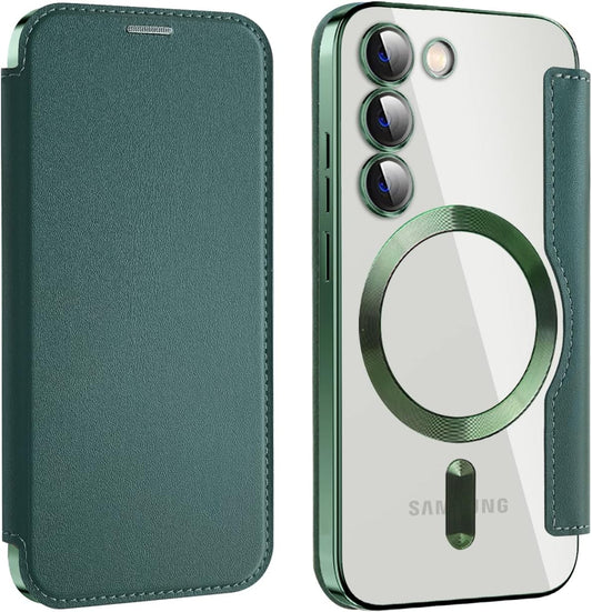 iTape Wallet phone case suitable for Samsung Galaxy S23 with [Credit Card Holder][RFID Blocking], compatible with magnetic wireless charging Green