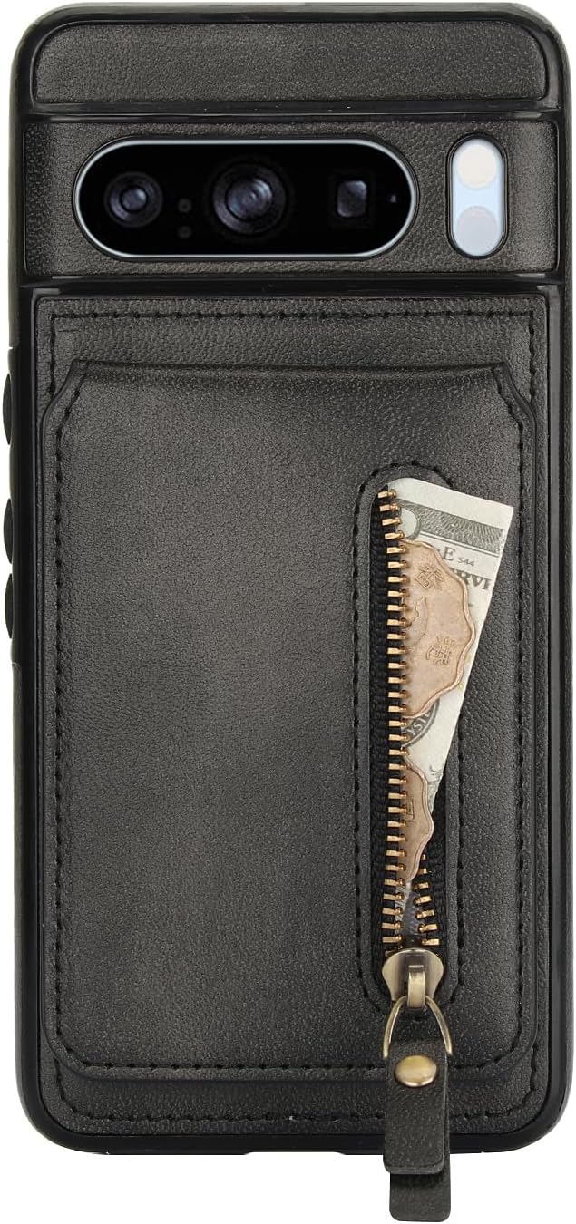 iTape Magnetic card holder phone case suitable for Google Pixel 8 Pro, zipper magnetic split magnetic wallet with adjustable bracket Brown