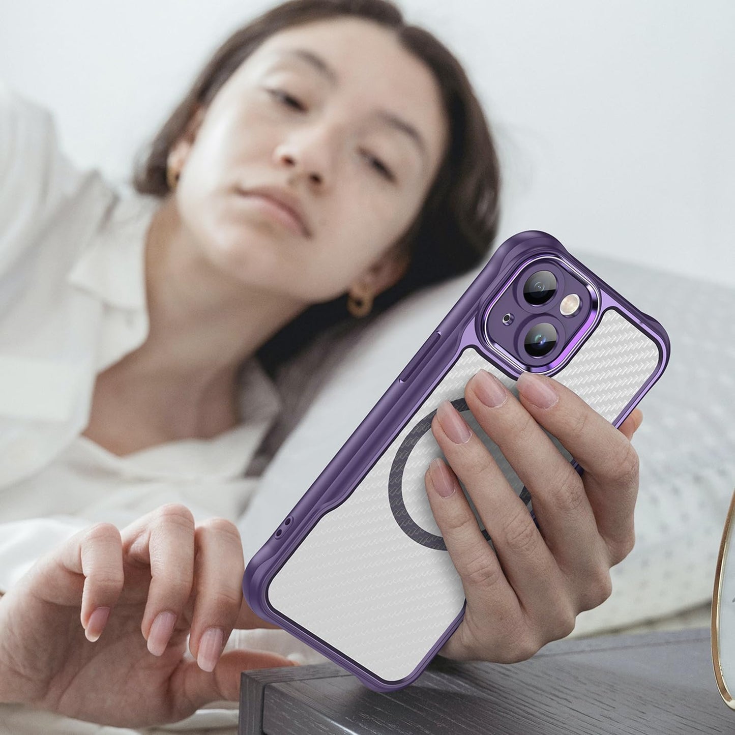 Magnetic carbon fibre case for iPhone 14, support wireless charging, carbon fibre shockproof slim case Black