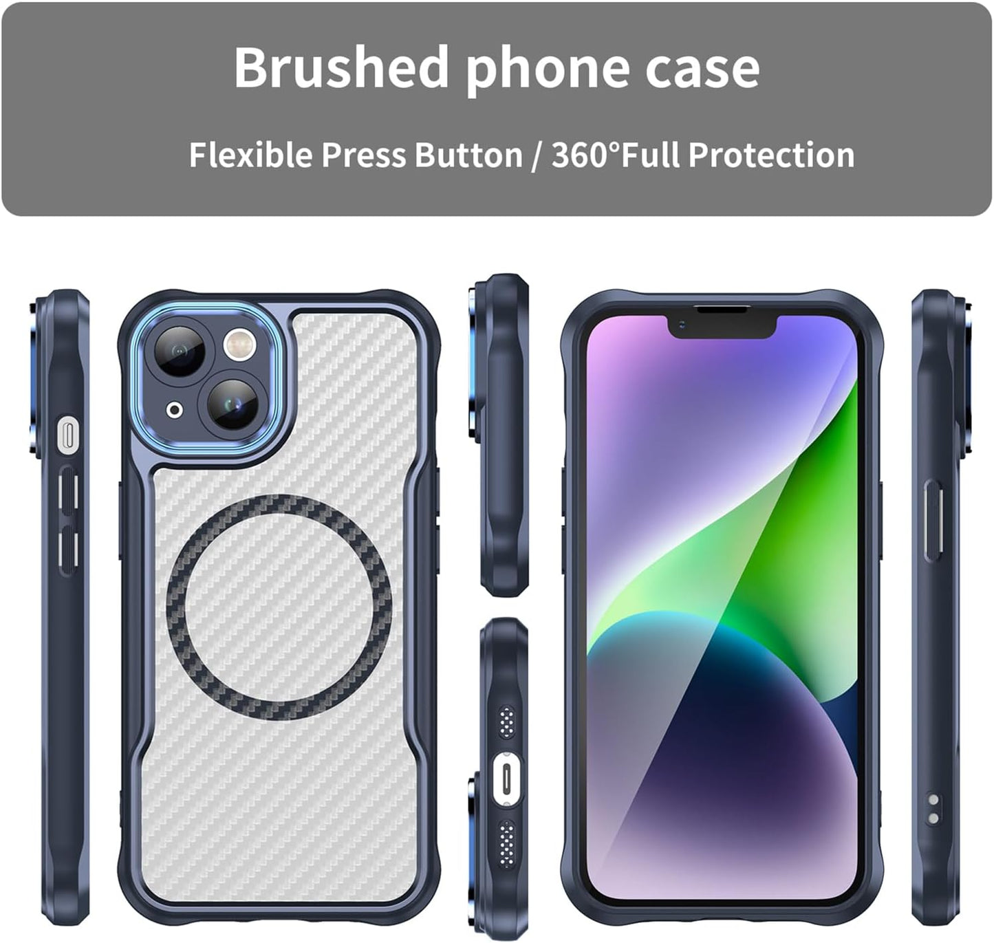 Magnetic carbon fibre case for iPhone 14, support wireless charging, carbon fibre shockproof slim case Black