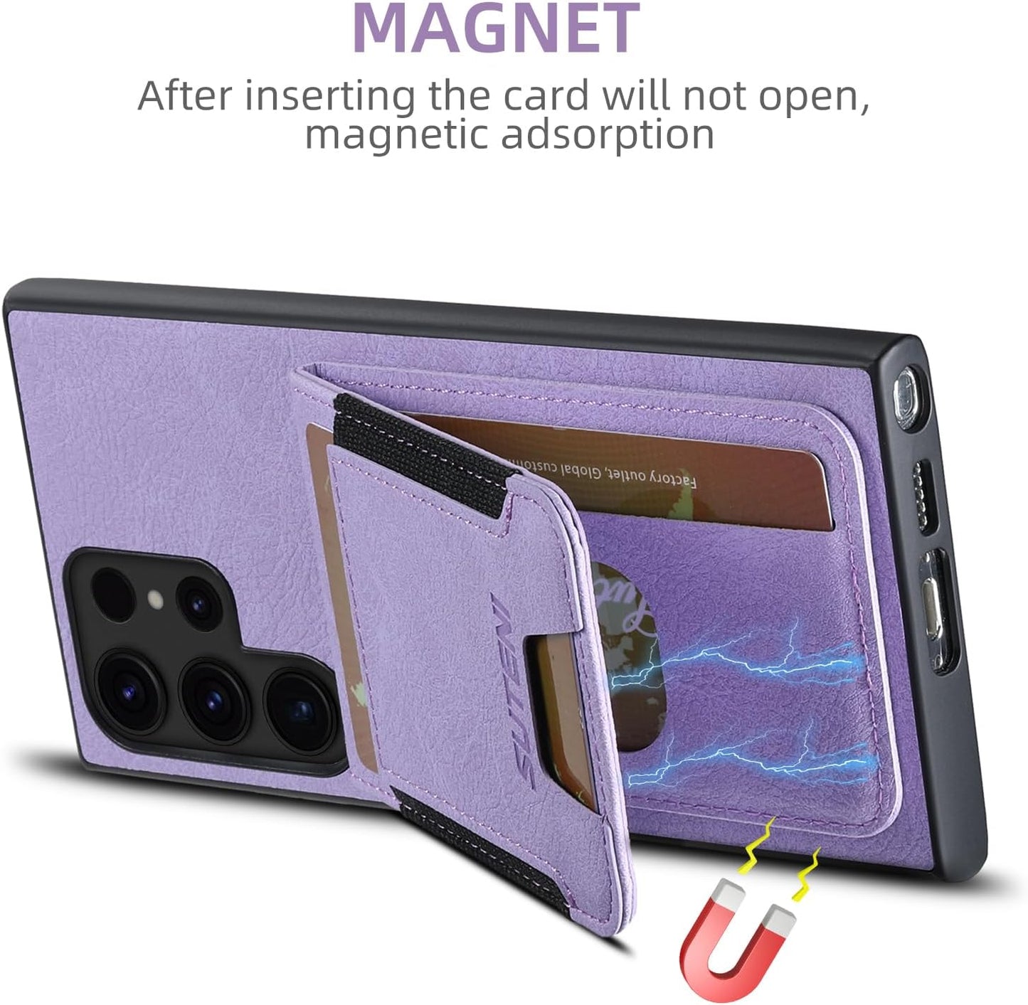 iTape Litchi Texture Phone Case for Samsung Galaxy S23 Ultra - Ultra-thin Simple Card Holder Phone Case with Stand Durable Buffer [Shockproof TPU Inner Shell] Blue