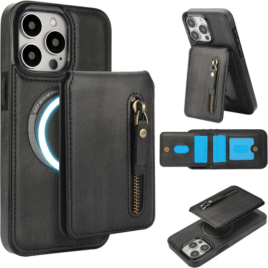 Magnetic card holder phone case suitable for iPhone 15 Pro, zipper magnetic split magnetic wallet with adjustable bracket Black