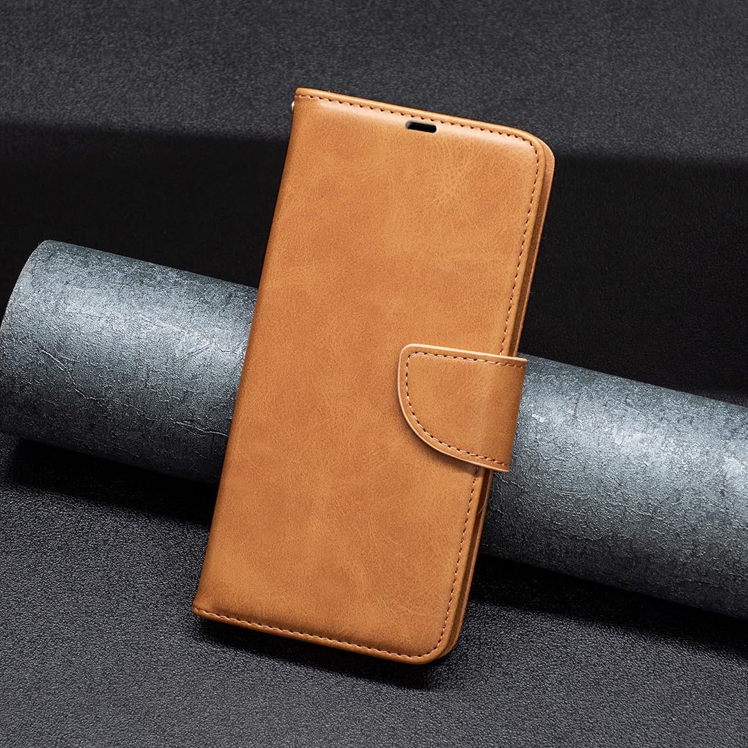 Solid lambskin leather phone case for iPhone 16E, snap wallet style case, flip stand shock protection Yellow