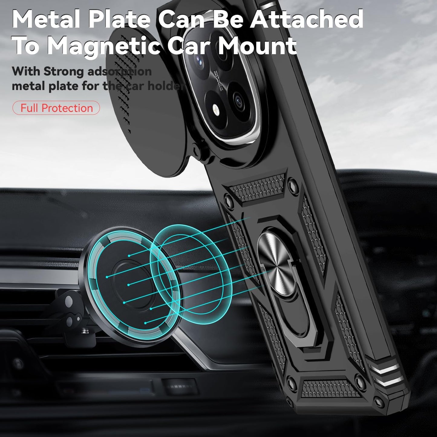 Magnetic Car Mount 2 in 1 Phone Case for Xiaomi Redmi Note 14 Pro+ 5G, Military Grade Protective Case, Phone Case Built-in 360° Rotating Ring Bracket Buckle Push Window Lens Protection