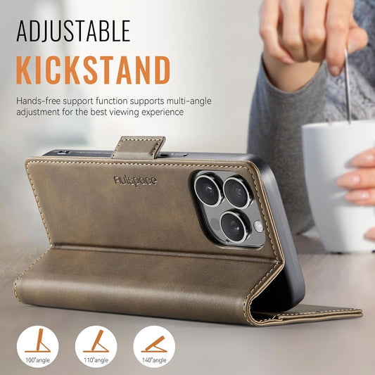 Soft leather wallet case for iPhone 16 Pro max, RFID (anti-theft), wallet card slot flip cover stand for iPhone 16 Pro max Support wireless charging Brown