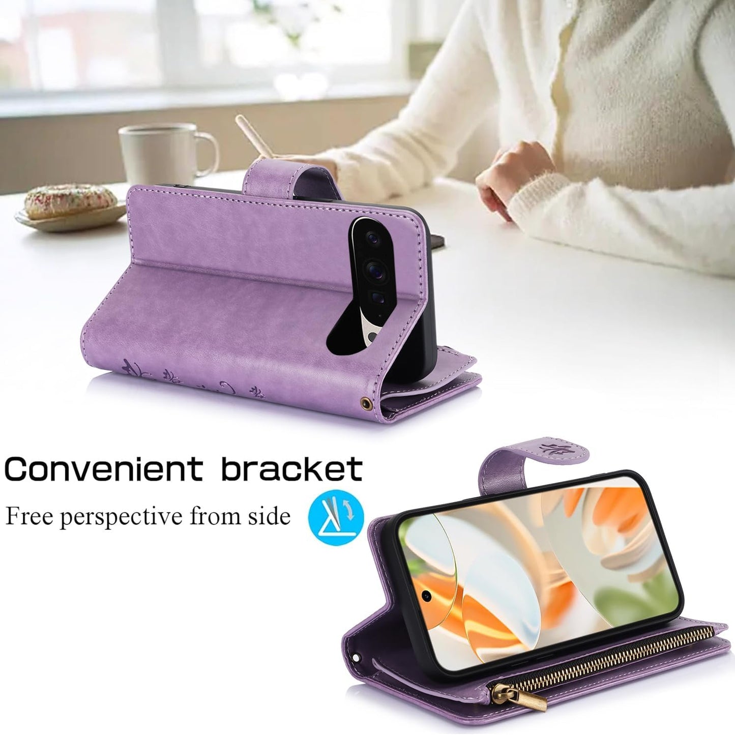 iTape Orchid Butterfly Phone Case for Google Pixel 9 with Multiple Card Slots Wallet, Magnetic Closure Bracket, Shockproof Protective Phone Case Wristband