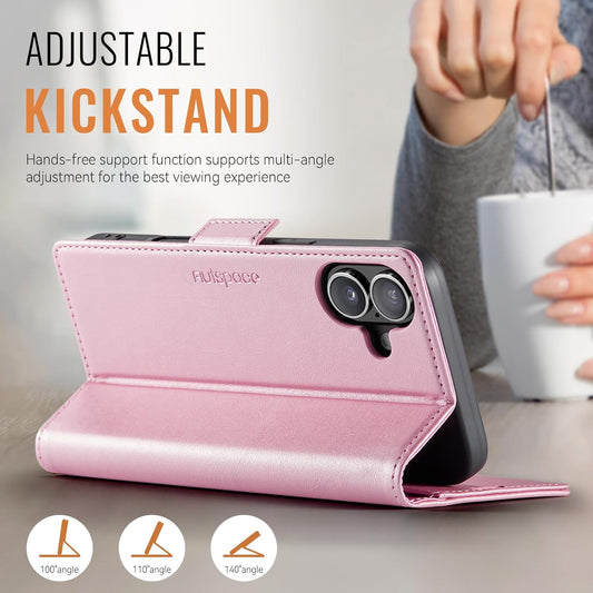 Soft leather wallet case for iPhone 16, RFID (anti-theft), wallet card slot flip cover stand for iPhone 16 Support wireless charging Rose Gold