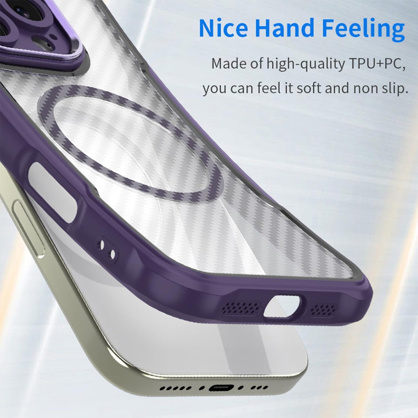 Magnetic carbon fibre case for iPhone 14 Plus, support wireless charging, carbon fibre shockproof slim case Purple