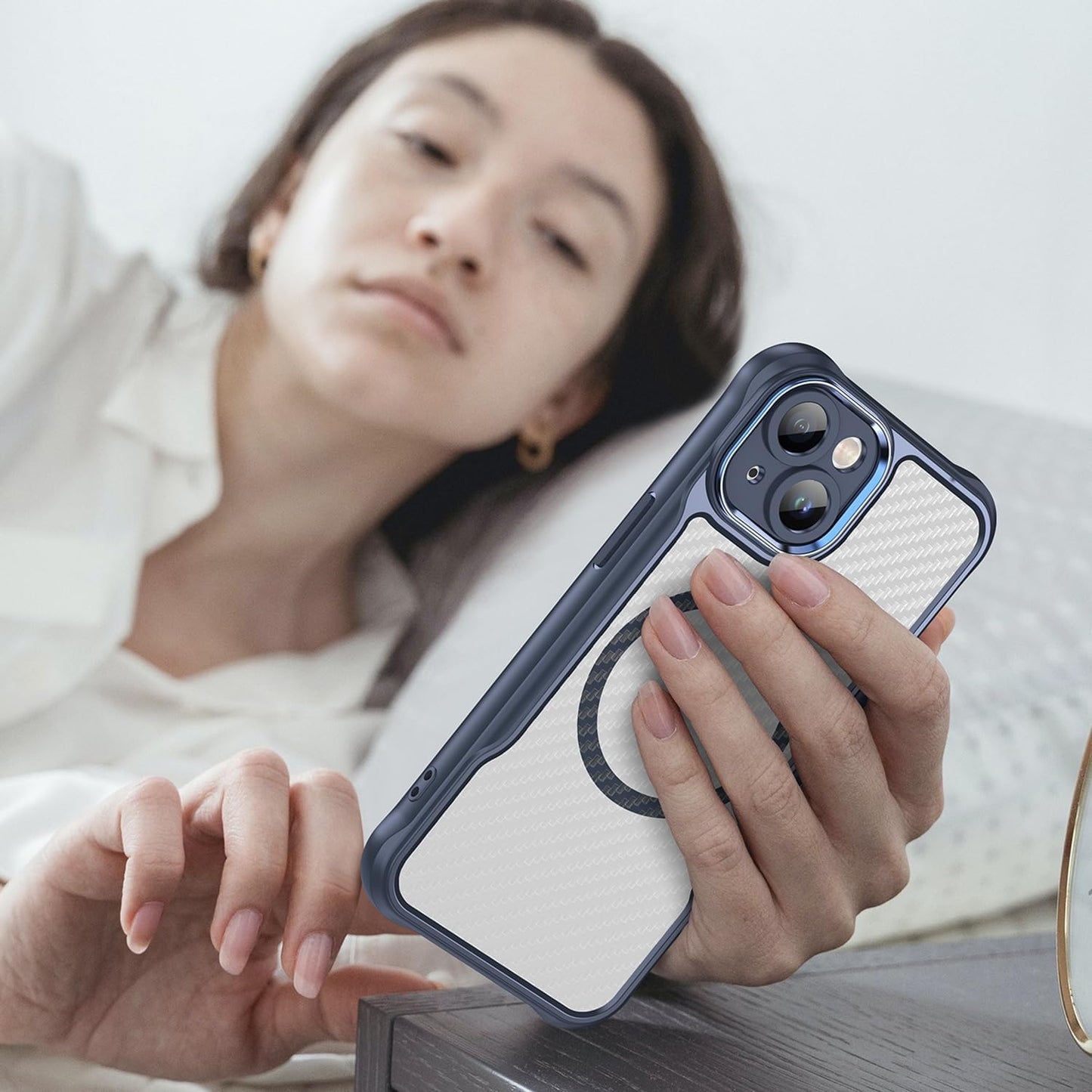 Magnetic carbon fibre case for iPhone 14, support wireless charging, carbon fibre shockproof slim case Black