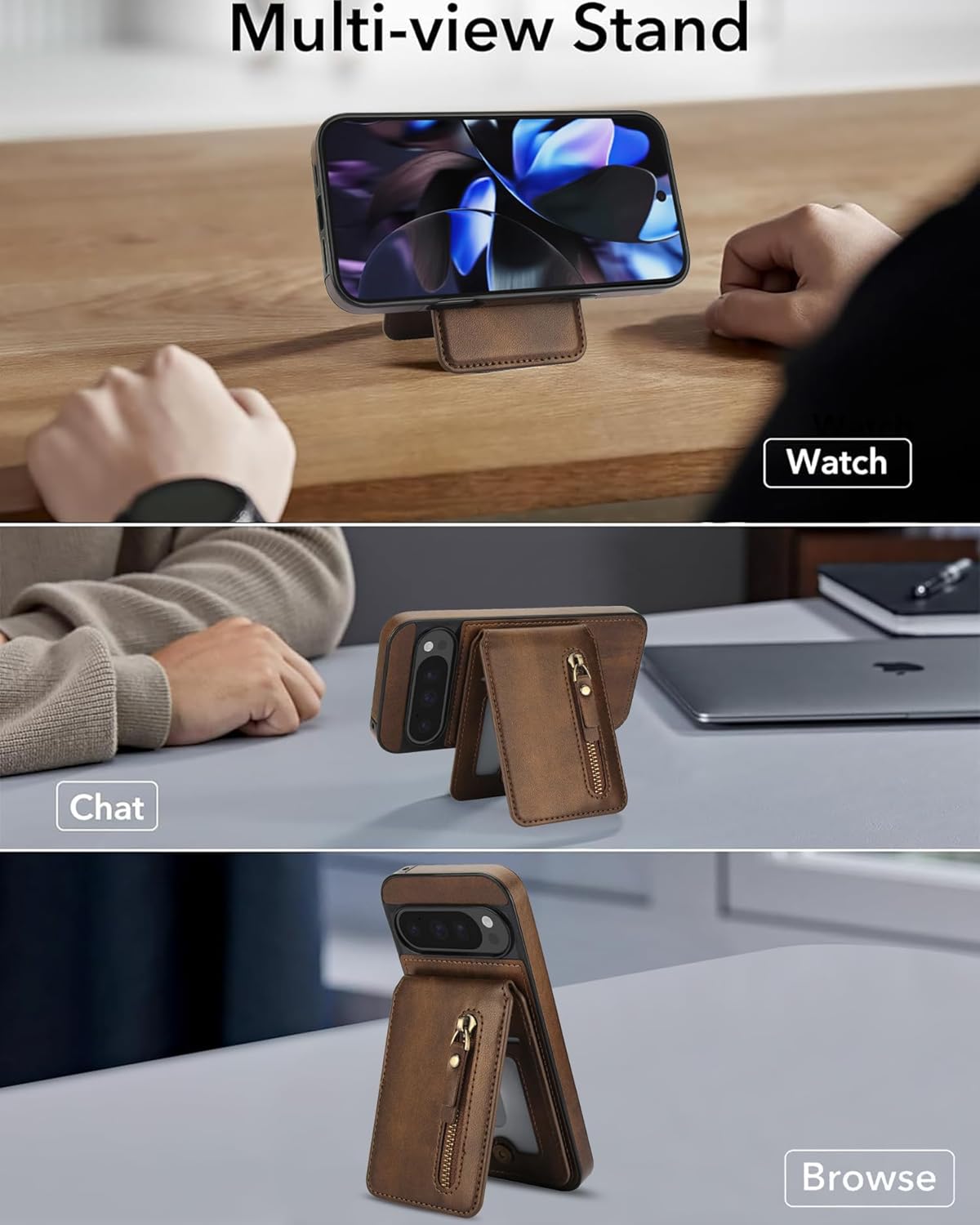 iTape Magnetic card holder phone case suitable for Google Pixel 9 Pro, zipper magnetic split magnetic wallet with adjustable bracket