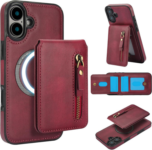 Magnetic card holder phone case suitable for iPhone 16, zipper magnetic split magnetic wallet with adjustable bracket Red