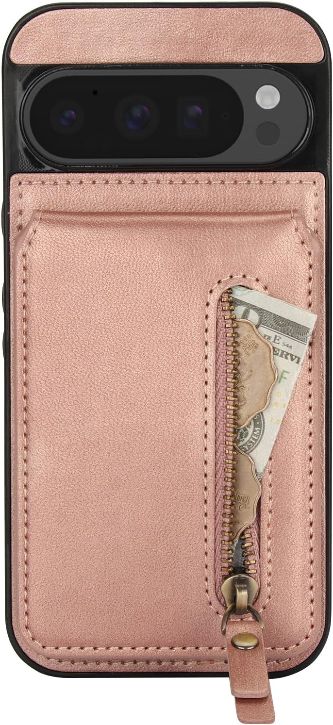 iTape Magnetic card holder phone case suitable for Google Pixel 9 Pro, zipper magnetic split magnetic wallet with adjustable bracket