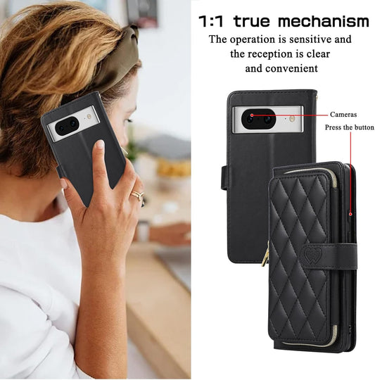 iTape Diamond Wallet Case for Google Pixel 8, Flip Leather Stand, Wrist Strap, Magnetic Closure, Shockproof Case Coin Purse Card Holder, Crossbody Strap Black