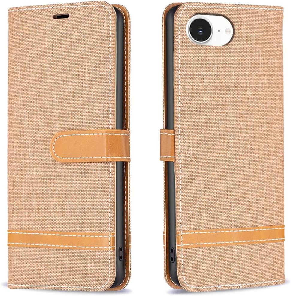 Colorblock Denim Wallet Phone Case for iPhone 16E, Wallet Phone Case Flip Stand, Credit Card Slot Wallet Wrist strap Green