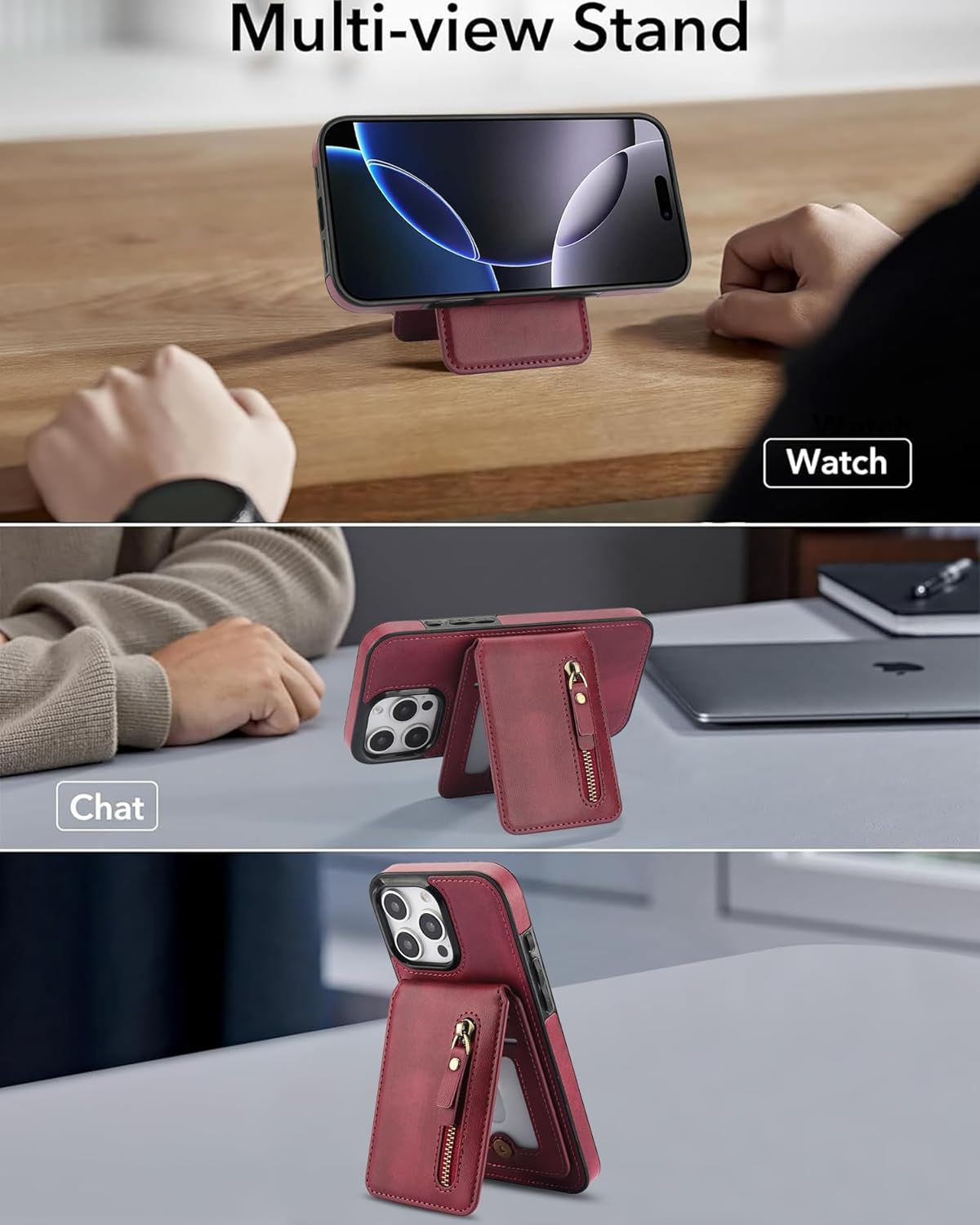 Magnetic card holder phone case suitable for iPhone 16 Pro, zipper magnetic split magnetic wallet with adjustable bracket Brown
