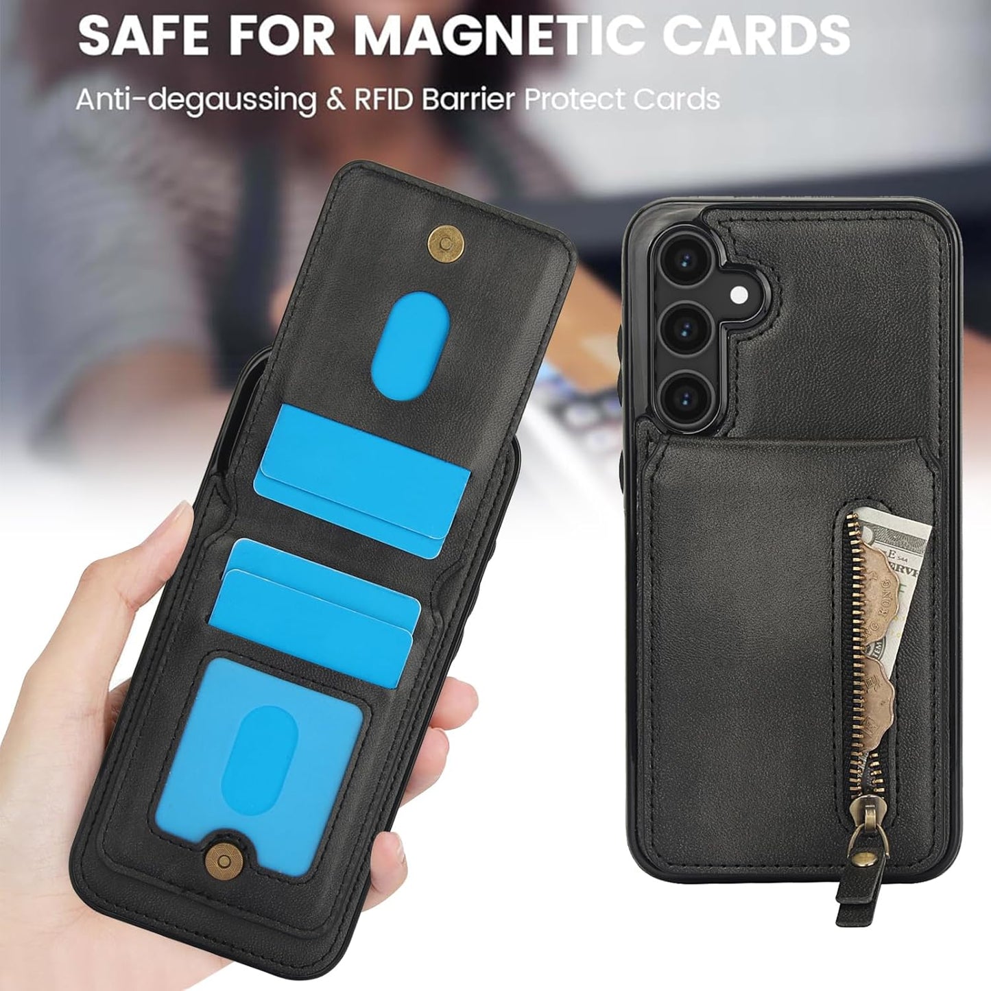 iTape Magnetic card holder phone case suitable for Samsung Galaxy S25+, zipper magnetic split magnetic wallet with adjustable bracket Pink