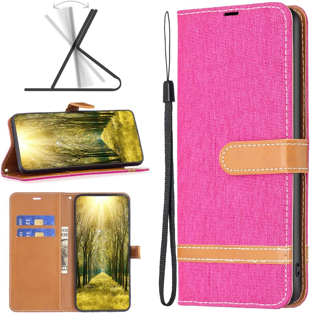 Colorblock Denim Wallet Phone Case for iPhone 16E, Wallet Phone Case Flip Stand, Credit Card Slot Wallet Wrist strap Green