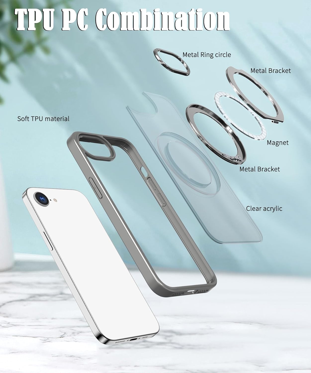 Magnetic phone case for iPhone 16E, 360° rotating bracket supports wireless charging, shockproof ultra-thin shell Gray