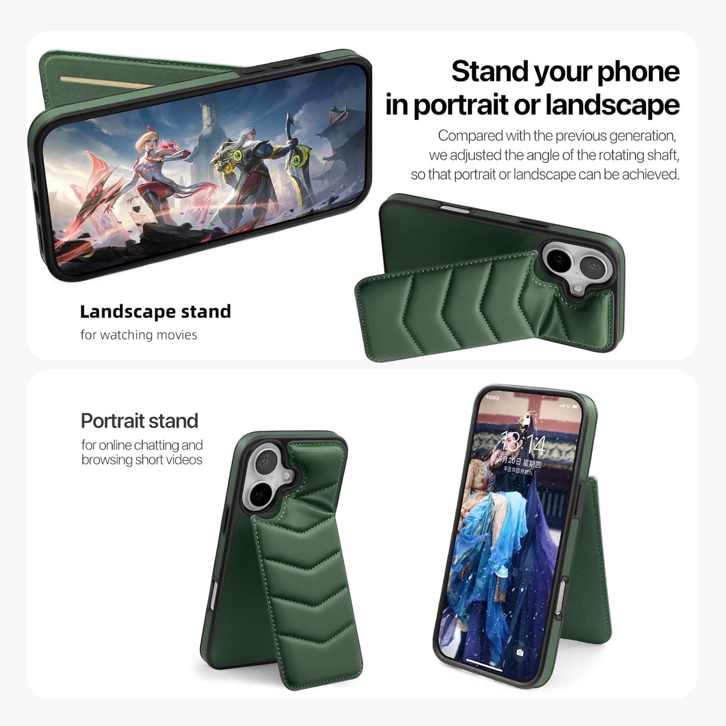 Lycra Down Phone Case for iPhone 16 Plus with [Credit Card Holder] [RFID] Invisible Flip Holder, Magnetic car mount, waterproof and drop-proof, comfortable to hold Green