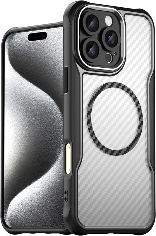 Magnetic carbon fibre case for iPhone 16 Pro max, support wireless charging, carbon fibre shockproof slim case Black