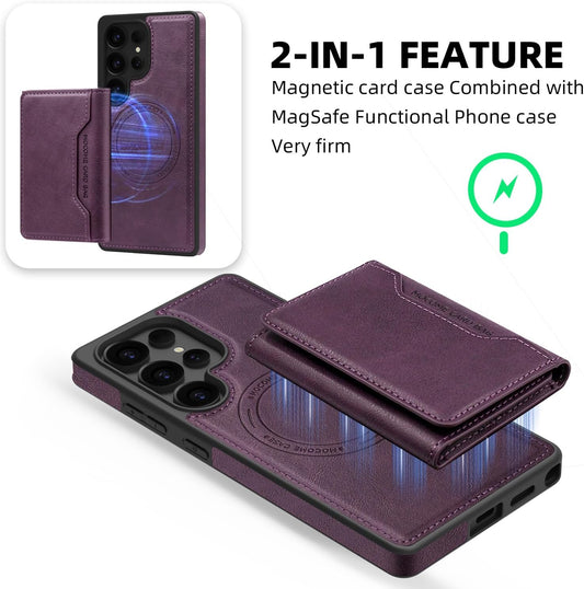 2 in 1 card holder phone case for Samsung Galaxy S25 Ultra, magnetic leather phone case magnetic car mount wireless charging, card holder holder Purple