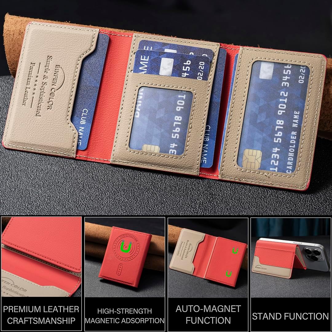 iTape Leather Magnetic Phone Wallet Compatible with Various Phone Models Android and iOS, Colorblock Horizontal Magnetic Card Holder Ultra-thin Wallet Card Holder Flip Stand Green