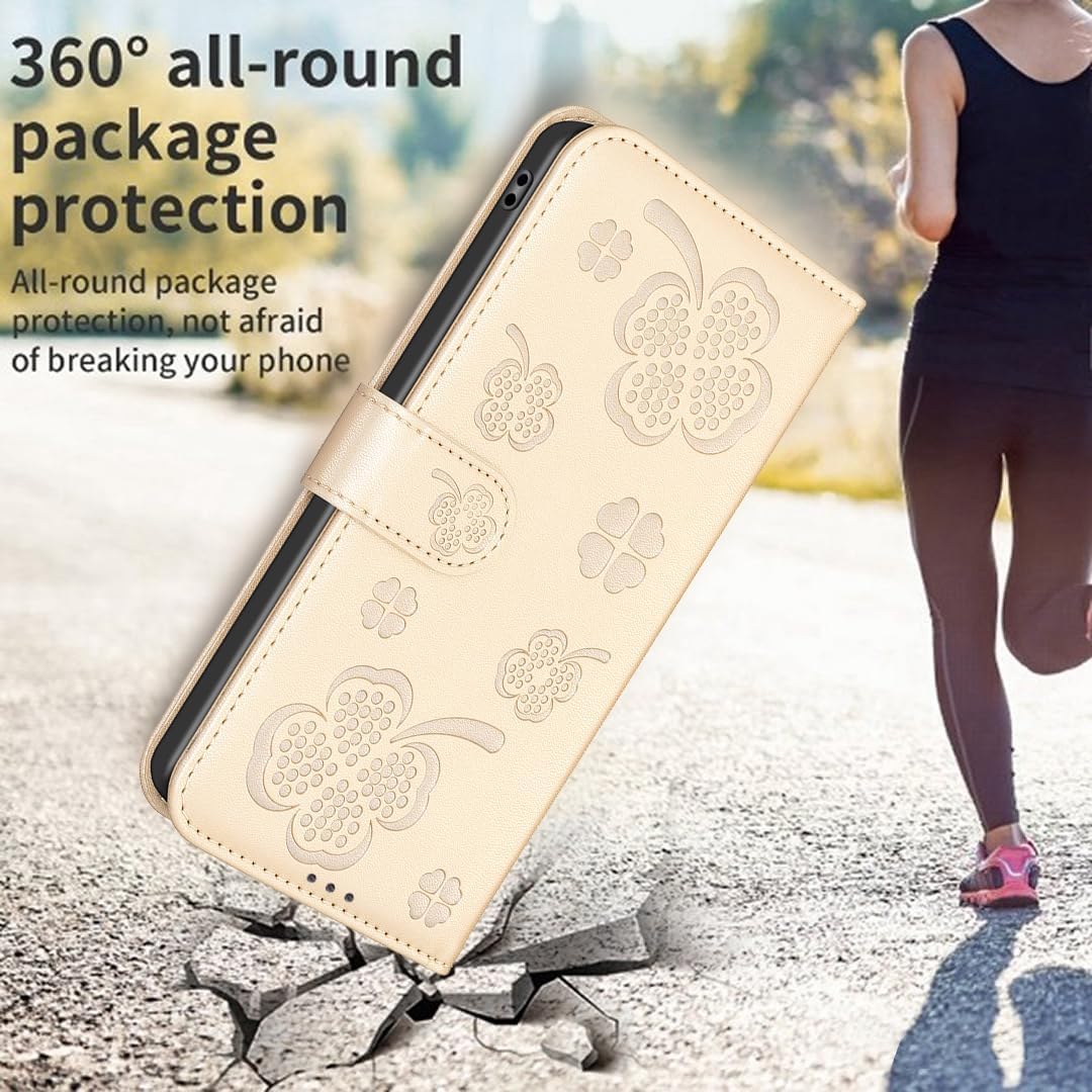 Wallet Leather Case for iPhone 16E, Embossed Four Leaf Clover Design, Magnetic Snap Wallet Case, Flip Shockproof Case Pink