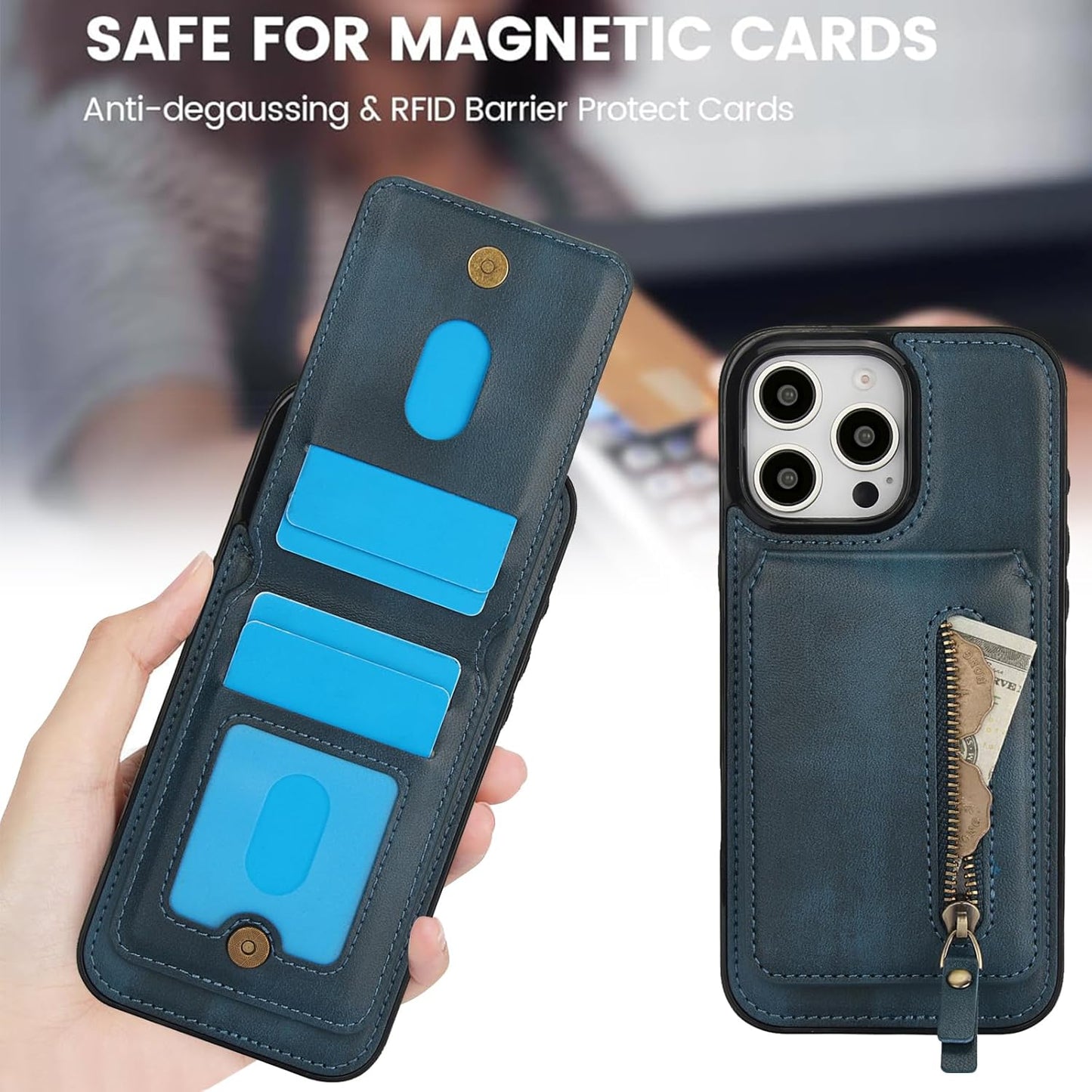Magnetic card holder phone case suitable for iPhone 16 Pro, zipper magnetic split magnetic wallet with adjustable bracket Brown