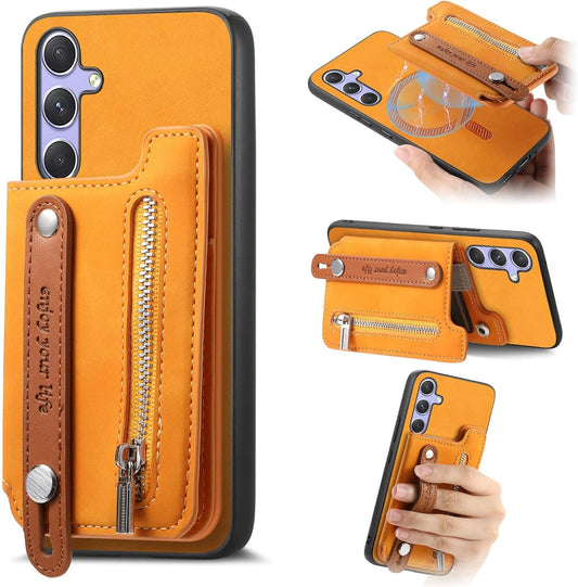 iTape Retro magnetic mobile phone case for Samsung Galaxy S25+, wireless charging magnetic car mount, Card slot, card holder, wrist strap bracket RFID anti-theft card Orange
