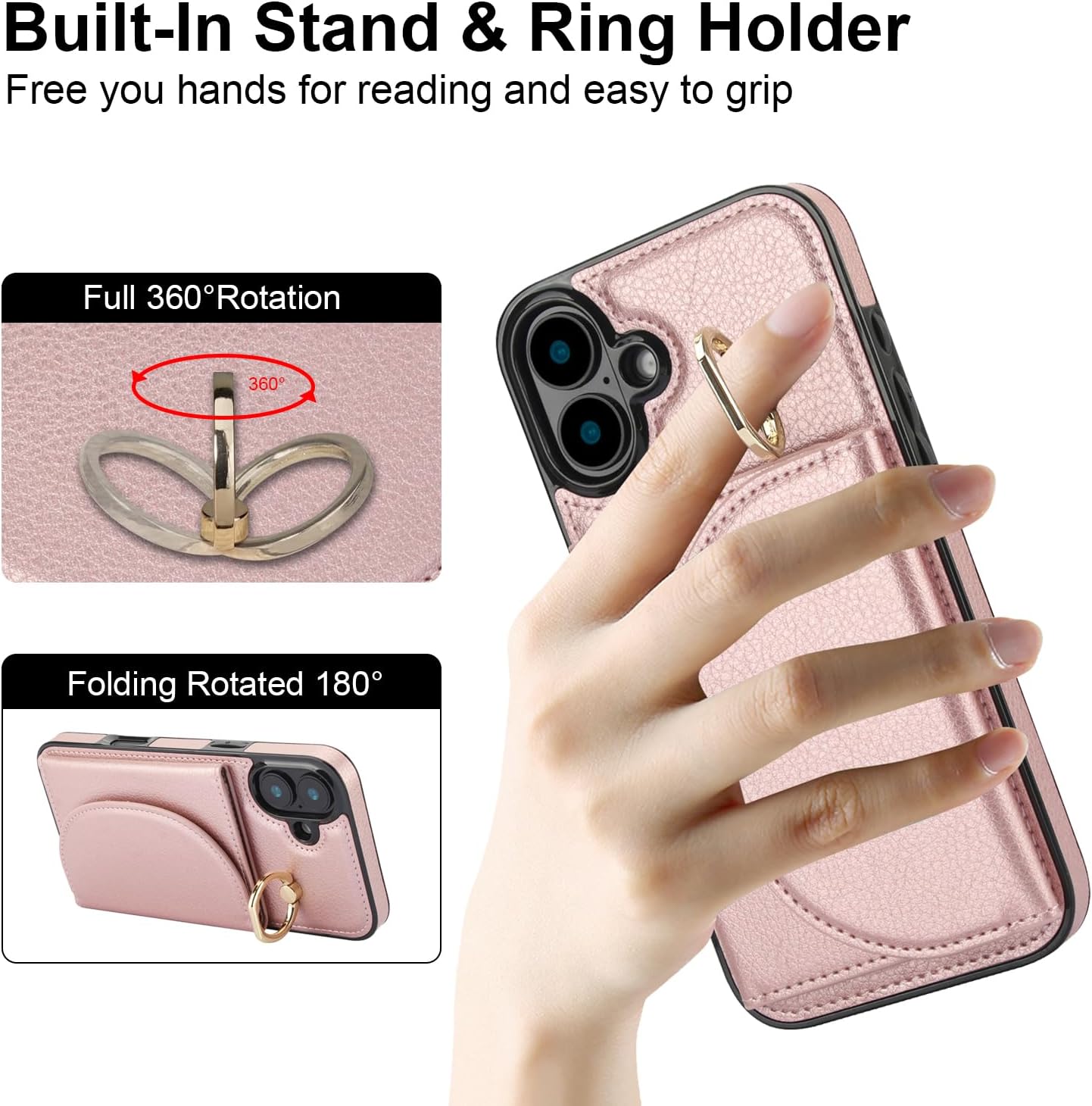 Tri-fold wallet case for iPhone 16 Plus, 360° rotating ring buckle stand, shockproof phone case coin purse card holder Black