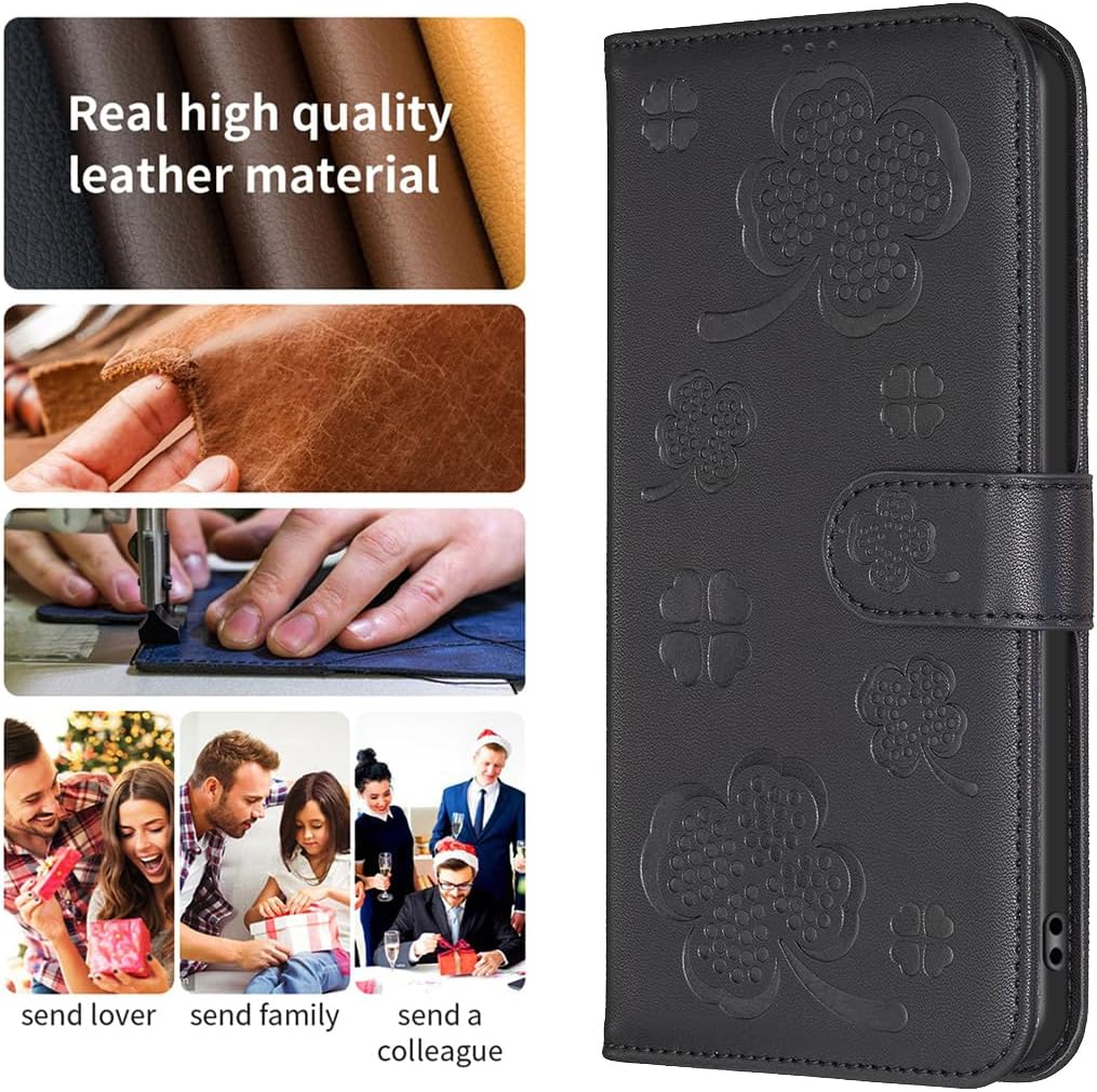 iTape Wallet Leather Case for Samsung Galaxy S25 Edge, Embossed Four Leaf Clover Design, Magnetic Snap Wallet Case, Flip Shockproof Case Red