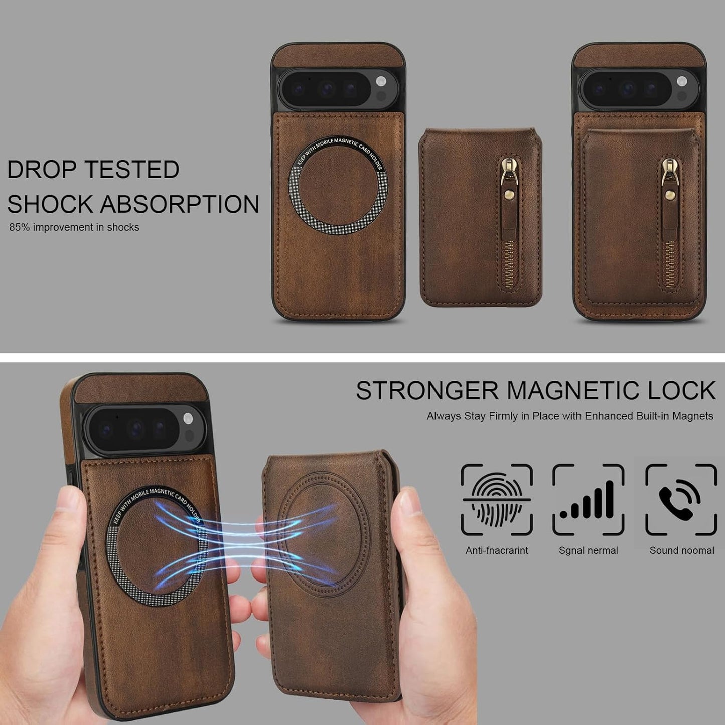iTape Magnetic card holder phone case suitable for Google Pixel 9 Pro, zipper magnetic split magnetic wallet with adjustable bracket