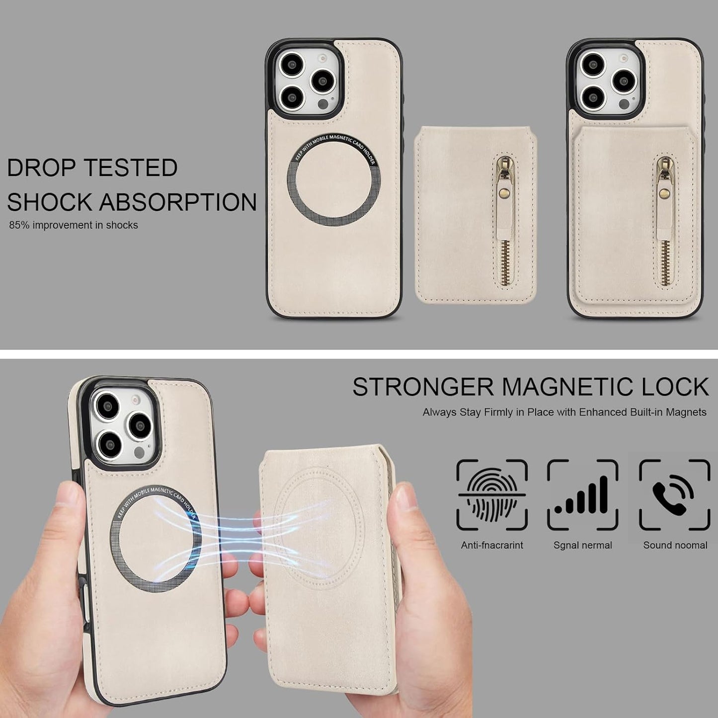 Magnetic card holder phone case suitable for iPhone 16 Pro, zipper magnetic split magnetic wallet with adjustable bracket Brown