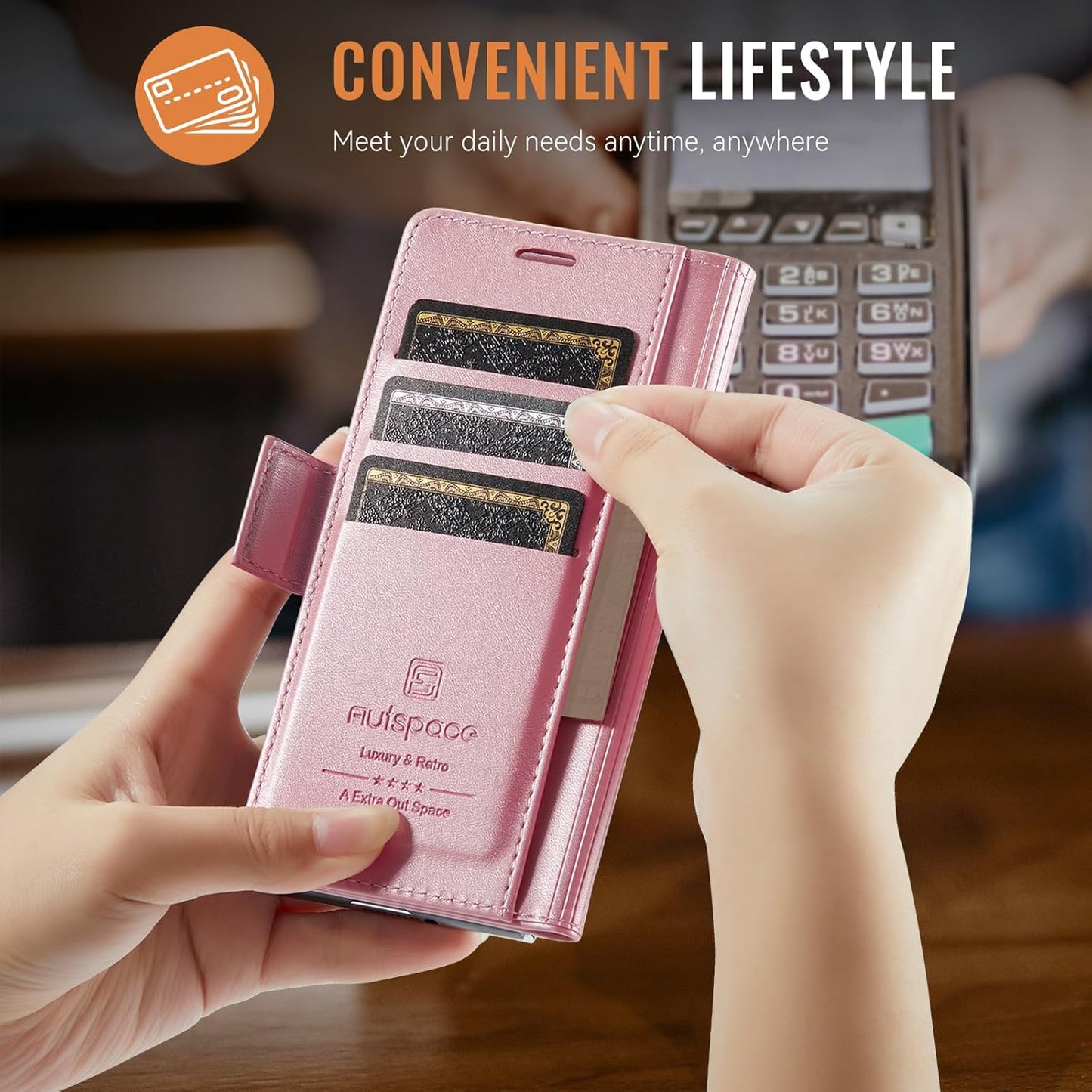 iTape Soft leather wallet case for Samsung Z Fold6, RFID (anti-theft), wallet card slot flip cover stand for Samsung Z Fold6 Support wireless charging Rose Gold