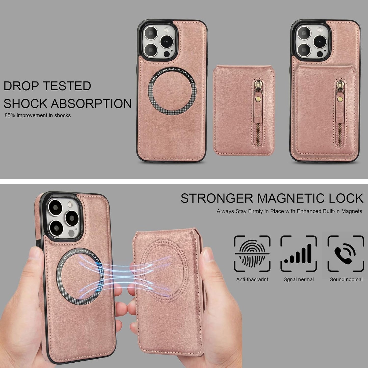 Magnetic card holder phone case suitable for iPhone 15 Pro max, zipper magnetic split magnetic wallet with adjustable bracket Brown