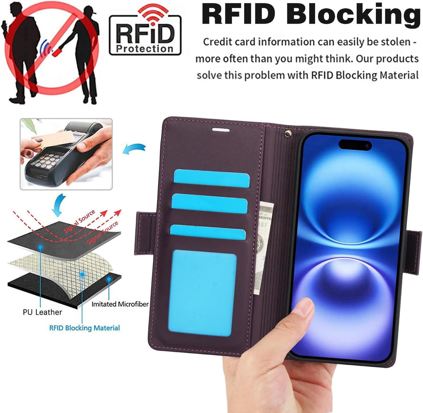 Printed Wallet Phone Case for iPhone 16 Plus, RFID (Anti-Theft), Wallet Flip Stand with Wrist Strap for iPhone 16 Plus Rose Gold