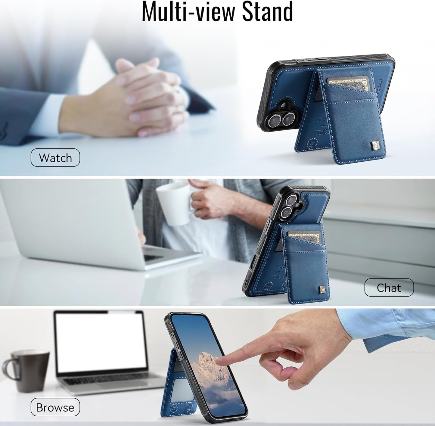 Up and down card holder mobile phone case suitable for iPhone 16, RFID (anti-theft), supports car magnetic suction function, card slot wallet holder Blue
