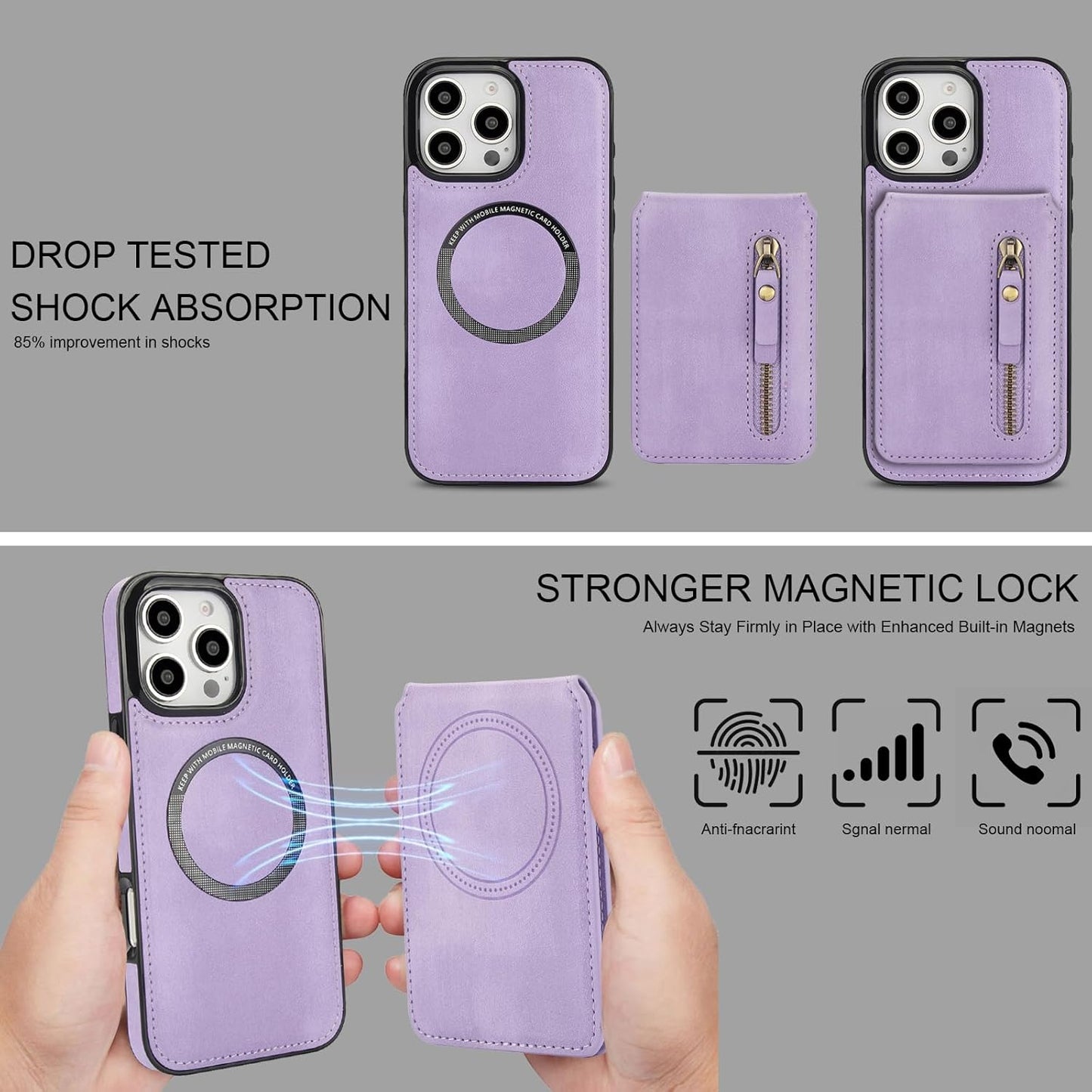 Magnetic card holder phone case suitable for iPhone 16 Pro, zipper magnetic split magnetic wallet with adjustable bracket Brown