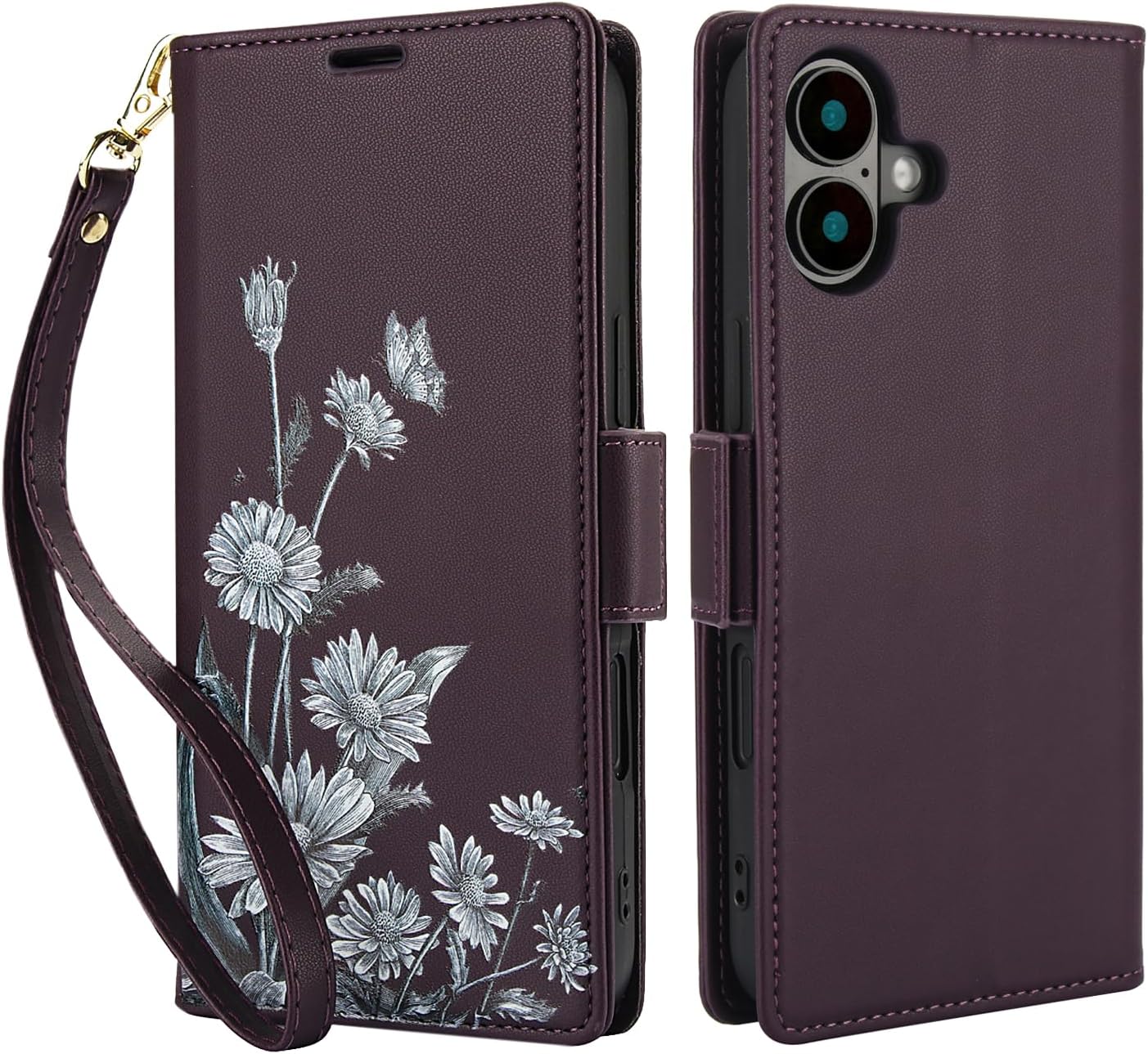 Printed Wallet Phone Case for iPhone 16 Plus, RFID (Anti-Theft), Wallet Flip Stand with Wrist Strap for iPhone 16 Plus Rose Gold