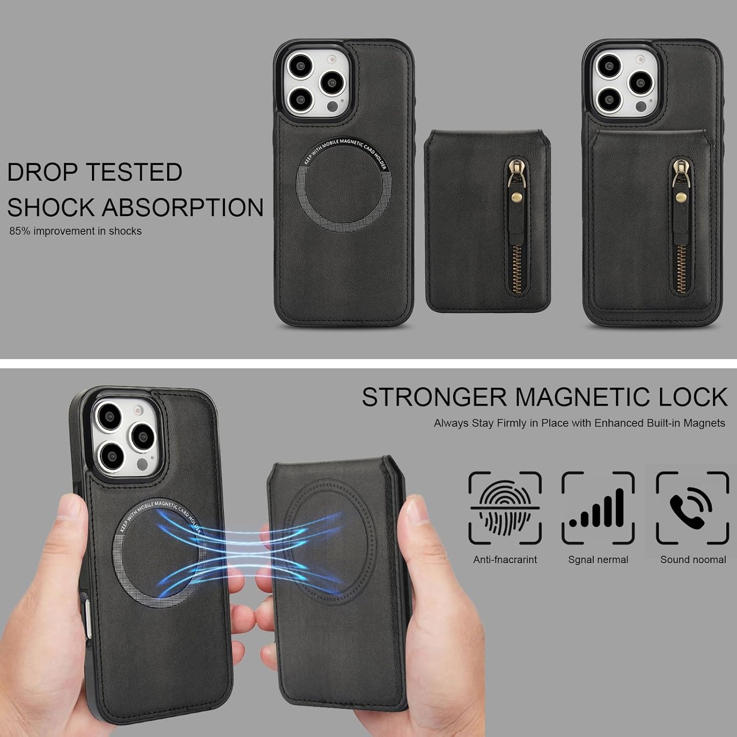 Magnetic card holder phone case suitable for iPhone 16 Pro, zipper magnetic split magnetic wallet with adjustable bracket Brown