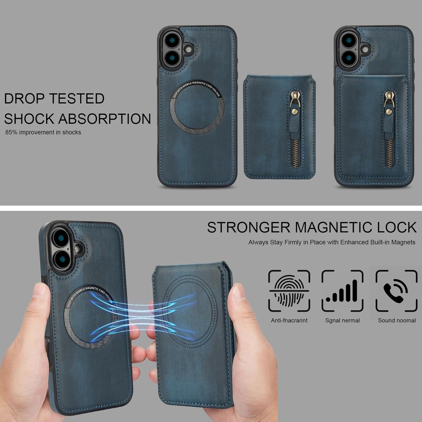 Magnetic card holder phone case suitable for iPhone 16, zipper magnetic split magnetic wallet with adjustable bracket Red