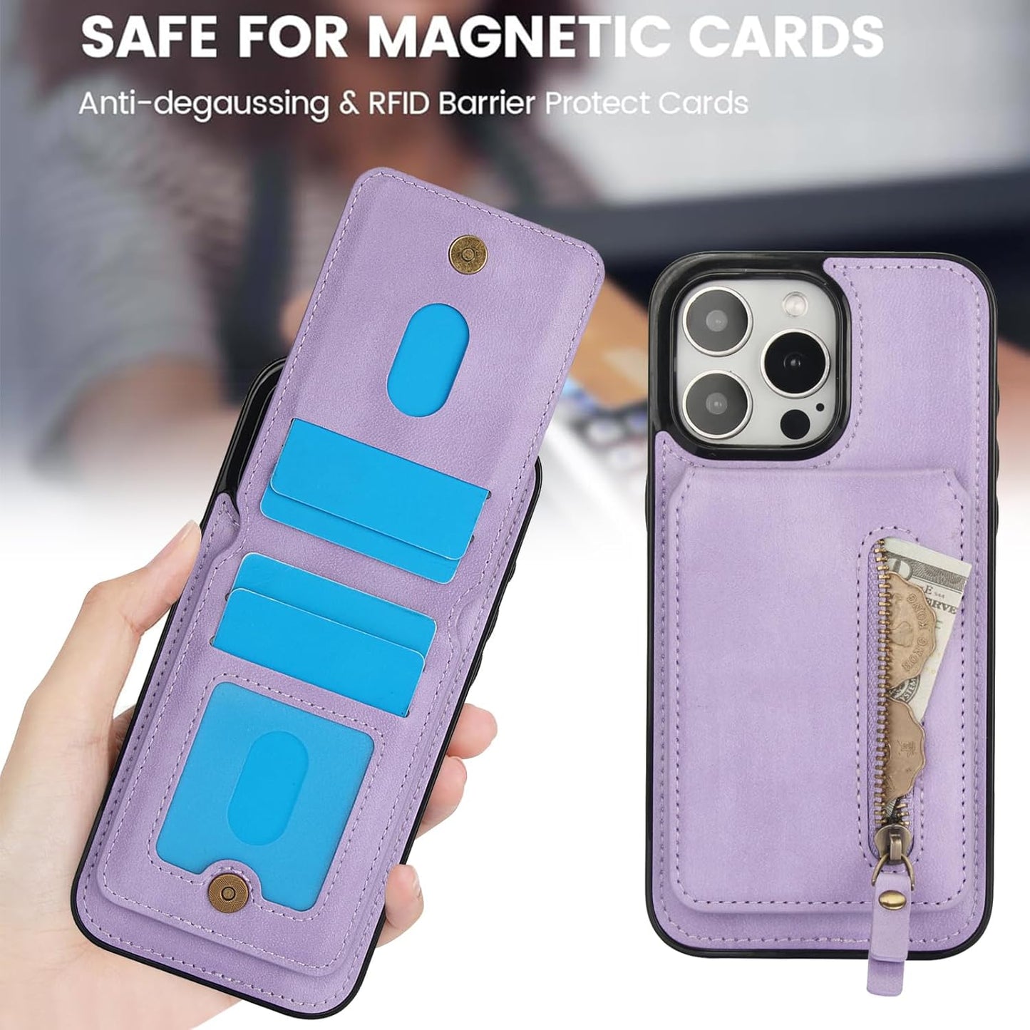 Magnetic card holder phone case suitable for iPhone 15 Pro max, zipper magnetic split magnetic wallet with adjustable bracket Brown