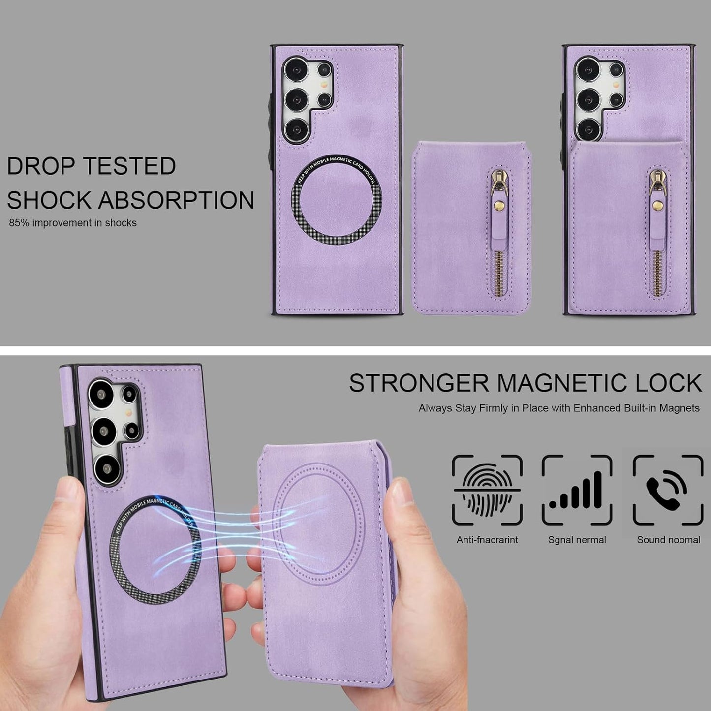 iTape Magnetic Card Holder Phone case Suitable for Samsung Galaxy S24 Ultra, Zipper Magnetic Split Magnetic Wallet with Adjustable Bracket