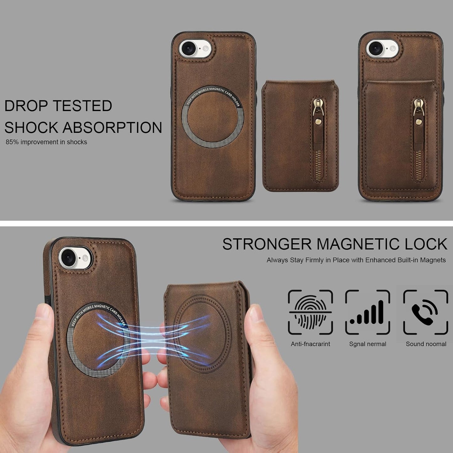Magnetic card holder phone case suitable for iPhone 16E, zipper magnetic split magnetic wallet with adjustable bracket