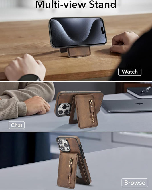 Magnetic card holder phone case suitable for iPhone 15 Pro max, zipper magnetic split magnetic wallet with adjustable bracket Brown